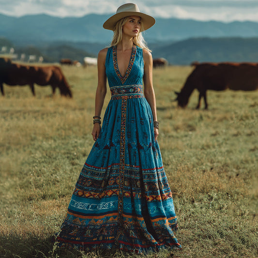 Women's Vintage Western Print V-neck Sleeveless Maxi Dress artswardrobe