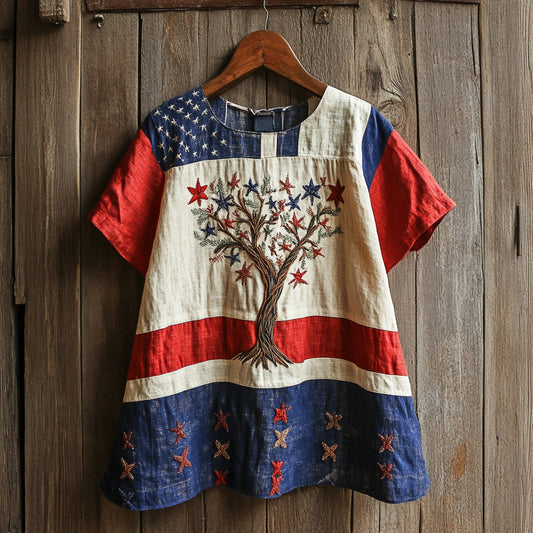 Vintage Independence Day American Flag With Tree Of Life Embroidery Women's Linen V-neck T-shirt artswardrobe