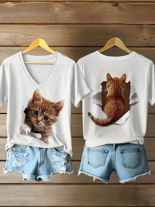 Comstylish Women's Animal Print Cat Short Sleeve V Neck T-shirt