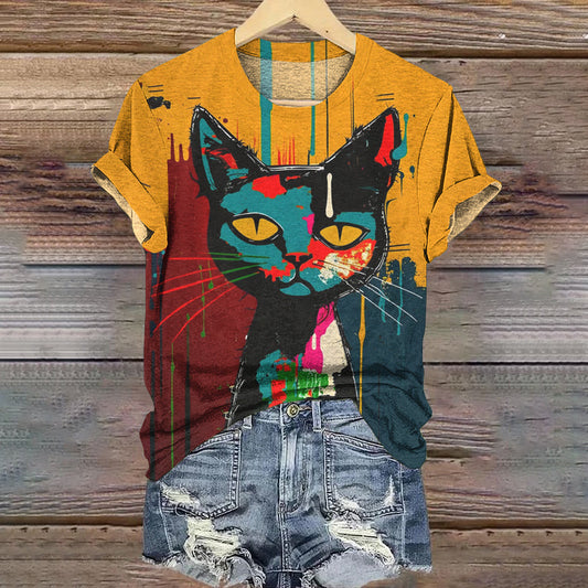Comstylish Pop Art Painting Cat Art Pattern Vintage T-shirt