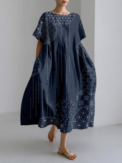 Comstylish Windchimes Japanese Sashiko Art Linen Blend Maxi Dress