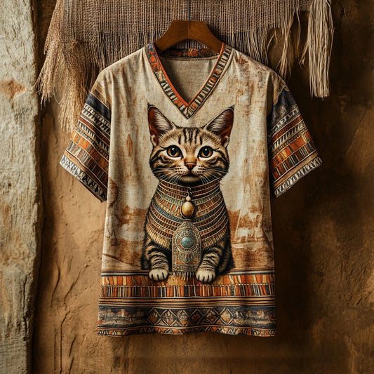 Comstylish Retro Ancient Queen Of Egypt Cute Cat Art Linen Cotton Blend T-shirt