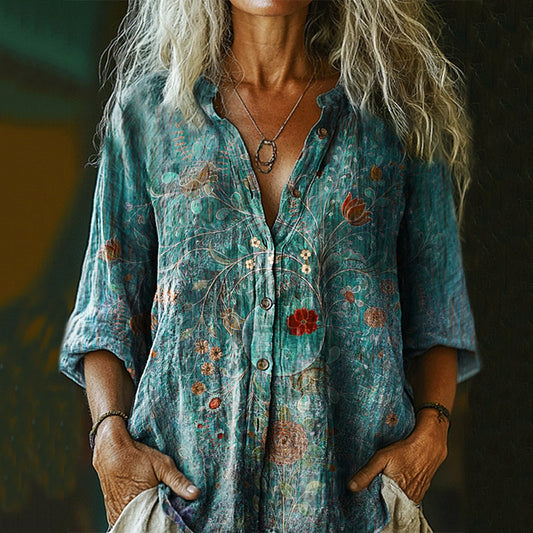 Comstylish Women's Vintage Floral Print Casual Cotton And Linen Shirt