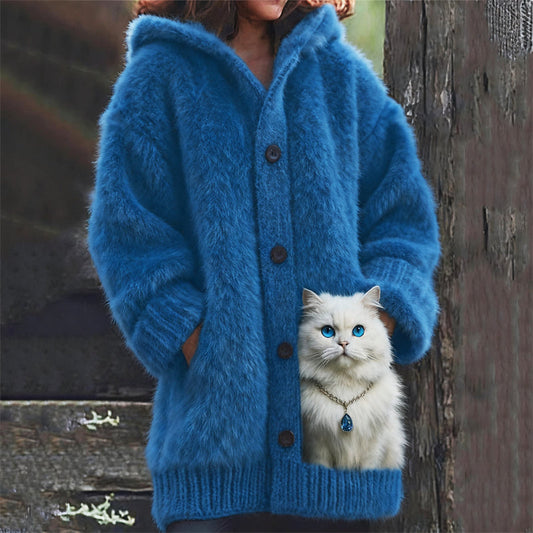 Comstylish Classy White Cat With Diamond Cozy Knit Hooded Cardigan