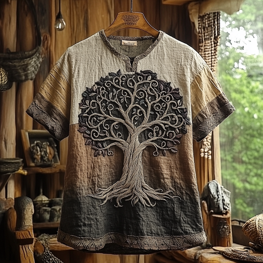 Men's Viking Tribal Tree Of Life With Celtic Art Gradient Linen T-shirt artswardrobe