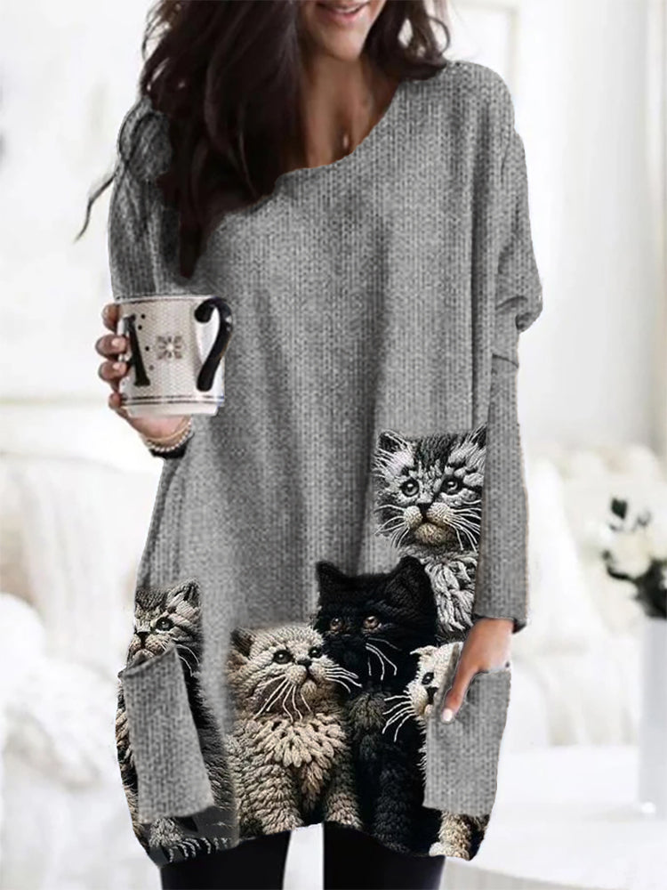 Fuzzy Cats Crochet Art Patch Pocket Cozy Knit Cardigan elevenforest