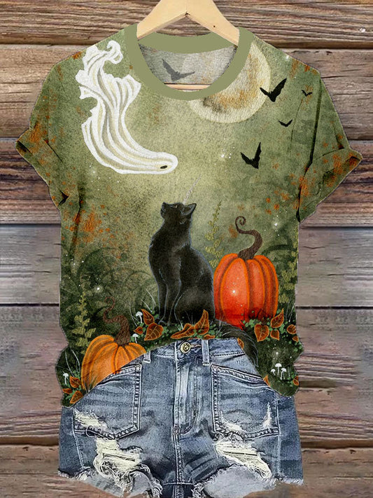 Comstylish Women's Halloween Cat Print Casual T-Shirt