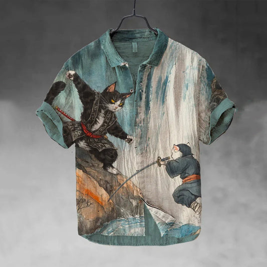 Men's Retro  Japanese Samurai Cats Fight Art Casual Short Sleeve Shirts elevenforest