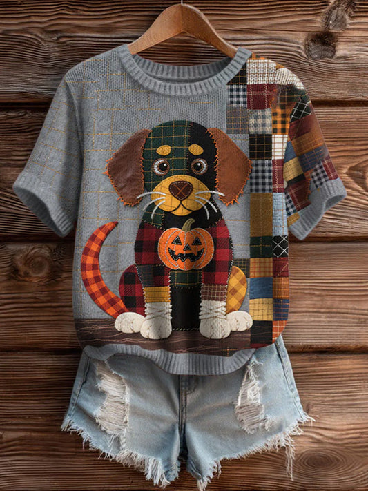 Women's Casual Knitted Halloween Patchwork Puppy Short Sleeves Top artswardrobe