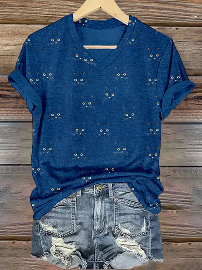 Cute Blue Cat Face V Neck Comfy T Shirt elevenforest
