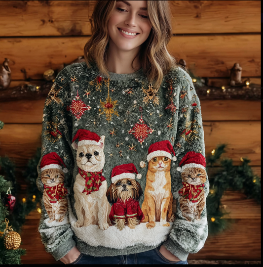 Merry Christmas Warm Pet Design Women's Round Neck Sweatshirt elevenforest