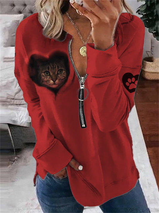 Cat In Blanket Heart Print Zip Up Sweatshirt elevenforest