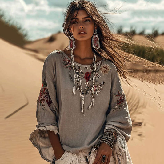 Comstylish Vintage Floral Embroidered Art Crew Neck Comfy Shirt