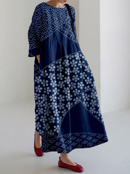 Comstylish Vintage Japanese Art Pattern Linen Blend Maxi Dress