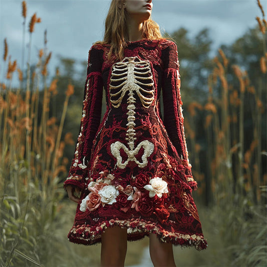 Comstylish Retro Halloween Skeleton Floral Distressed Embroidery Women's Knit Dress