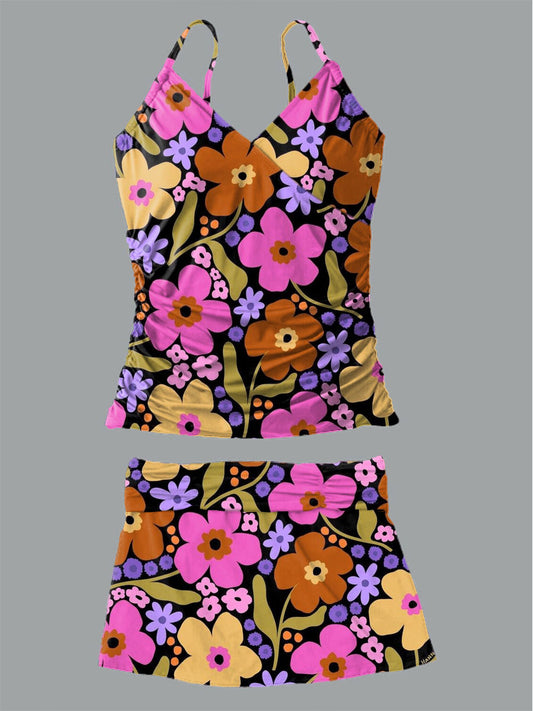 Women's Floral Print Suspender Shirred Swimsuit Set
