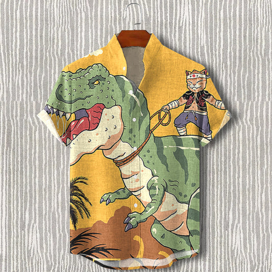 Men's Cat Samurai Riding A Dinosaur Fun Vacation Shirt elevenforest
