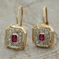 Golden Square Red Zirconia Earrings
