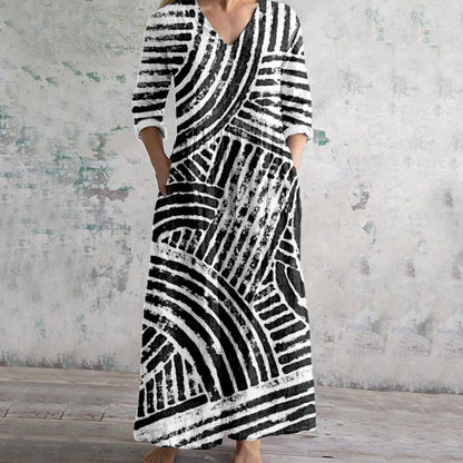 Soft Abstract Lines Pattern Linen Maxi Dress artswardrobe