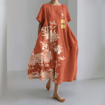 Comstylish Vintage Chrysanthemum Print Round Neck Loose Midi Dress