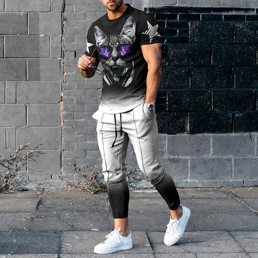 Trendy Gradient Star Kitten Print Short Sleeve T-Shirt And Pants Co-Ord elevenforest