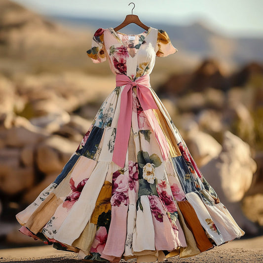 Vintage Floral Patchwork Art Pattern Art  V-neck Midi Dress artswardrobe