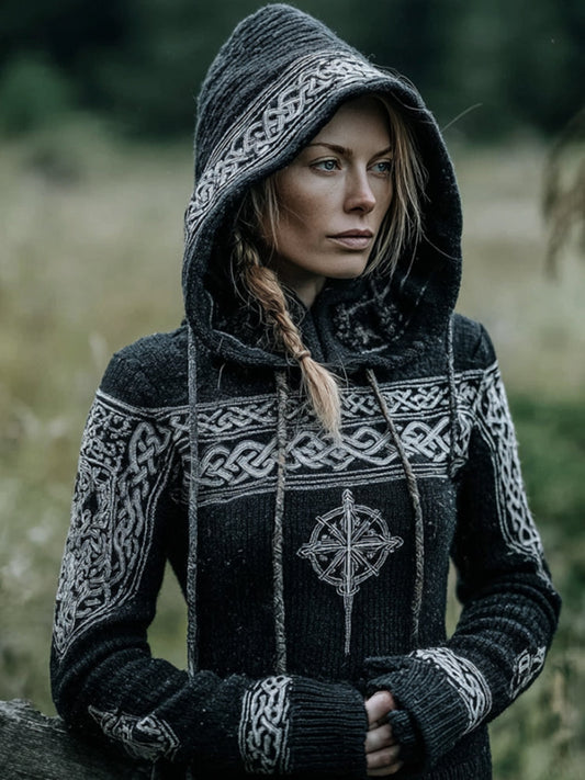 Comstylish Viking Style Celtic Knot Viking Compass Embroidered Hooded Sweater