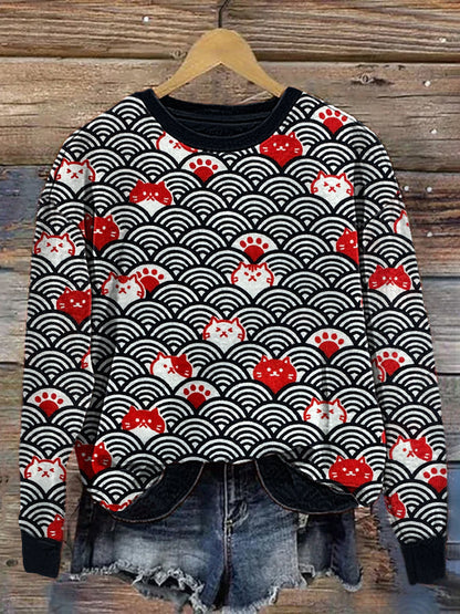 Japanese vintage Cats And Waves Pattern Cozy Sweatshirt elevenforest
