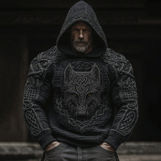 Men's Viking Tribal Wolf Jacquard Knitted Hooded Sweater elevenforest