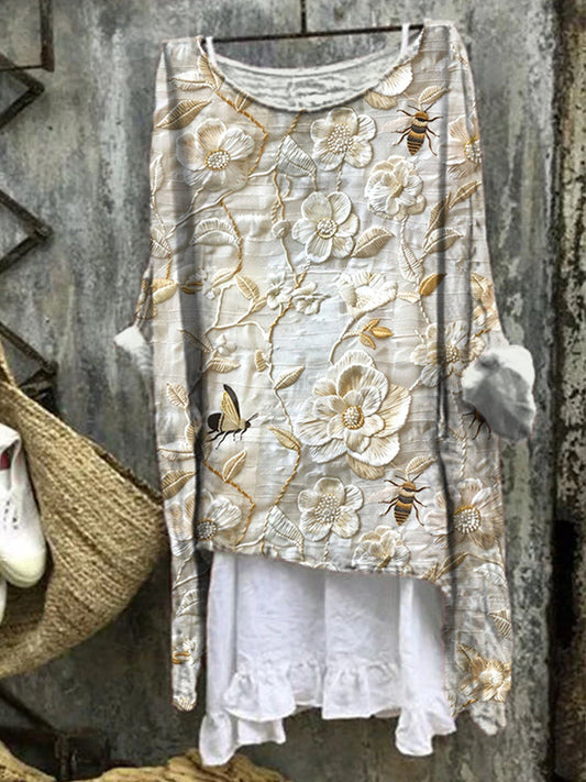 Bee Floral Embroidery Pattern Linen Blend Shirt artswardrobe