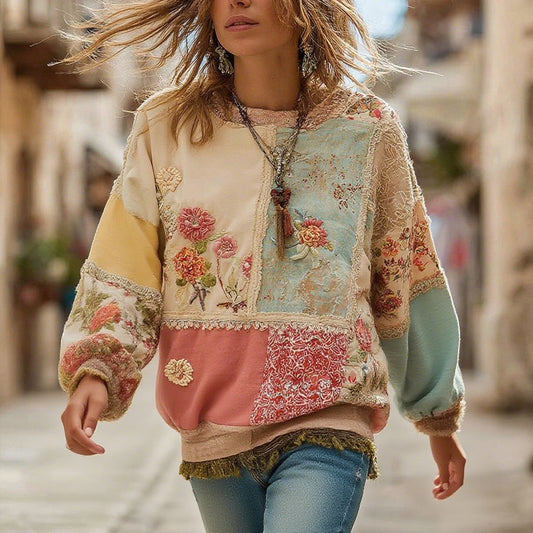 Comstylish Women's Retro Bohemian Floral Stitching Comfortable Crew Neck Sweatshirt