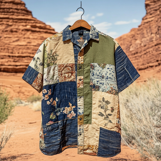 Men's Applique Patchwork Art Casual Short Sleeve Shirts artswardrobe