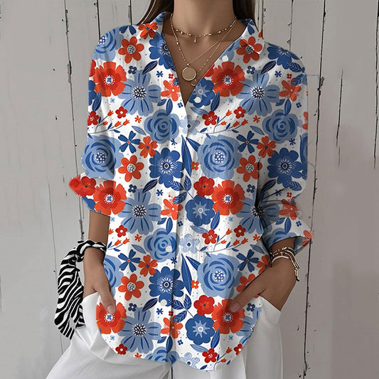 Comstylish Women's Vintage Casual Independence Day Patriotic Floral Print Shirt
