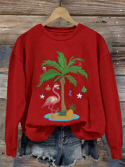 Comstylish Women's Christmas Palm Tree Flamingo Embroidery Print Casual Sweatshirt