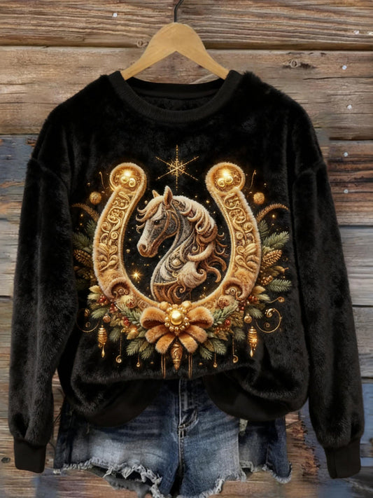 Comstylish Vintage Christmas Horse Art Cozy Plush Sweatshirt