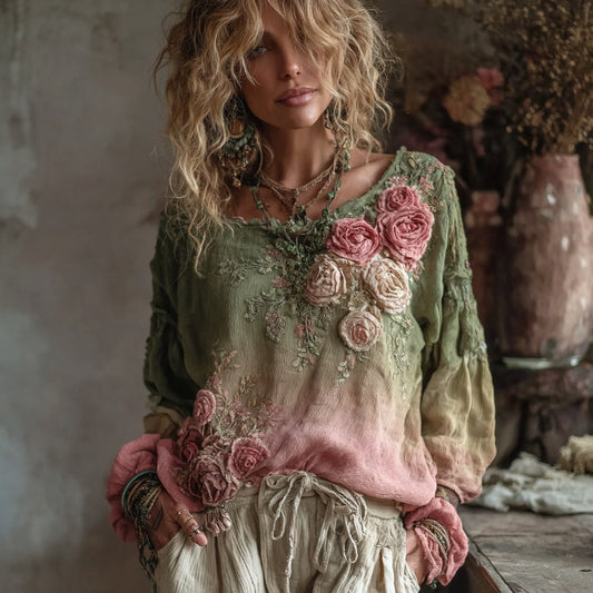 Women's Rose Embroidery Art Long Sleeve Loose T-shirt artswardrobe