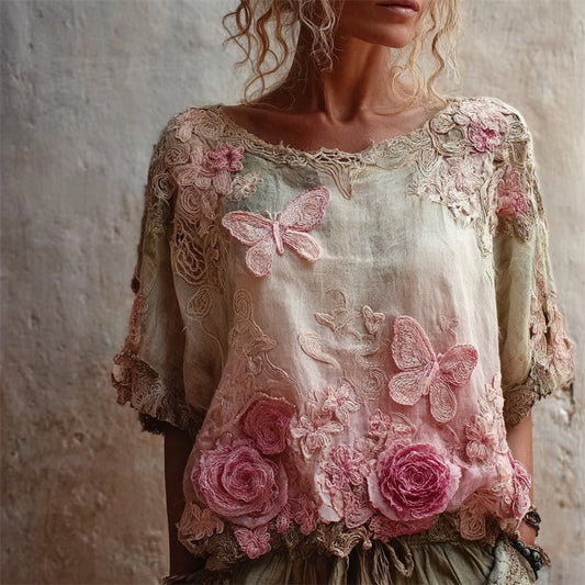 Pink Butterflies & Roses Embroidered Gradient Flowy Linen Shirt artswardrobe