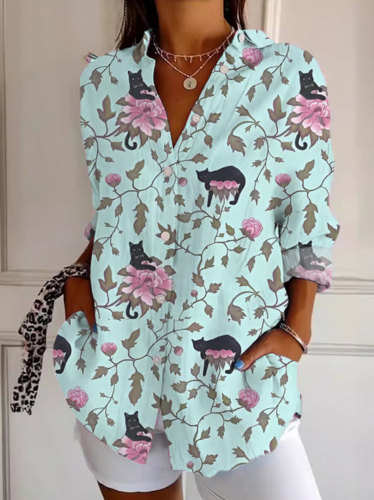 Women's Vintage Floral Cat Cotton And Linen Shirt elevenforest