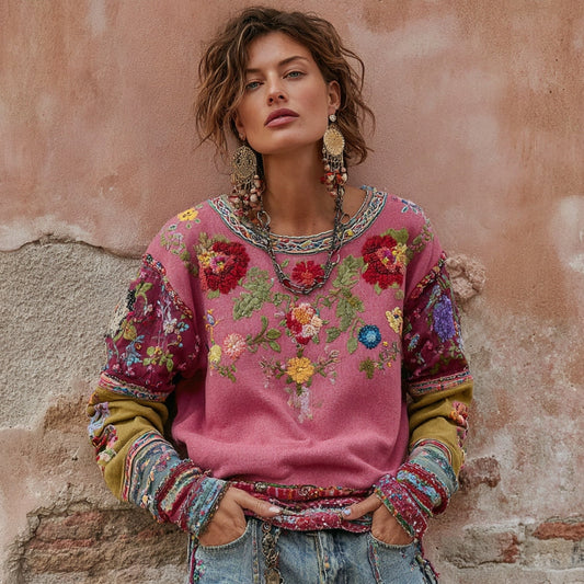 Comstylish Women's Vintage Bohemian Floral Embroidery Patchwork Art Crew Neck Sweatshirt