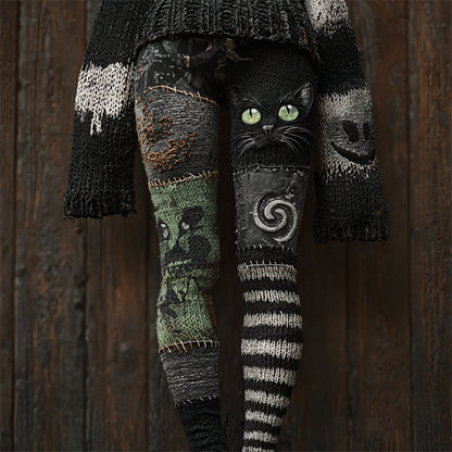 Comstylish Halloween Black Cat Witch Patchwork Cozy Knit Leggings