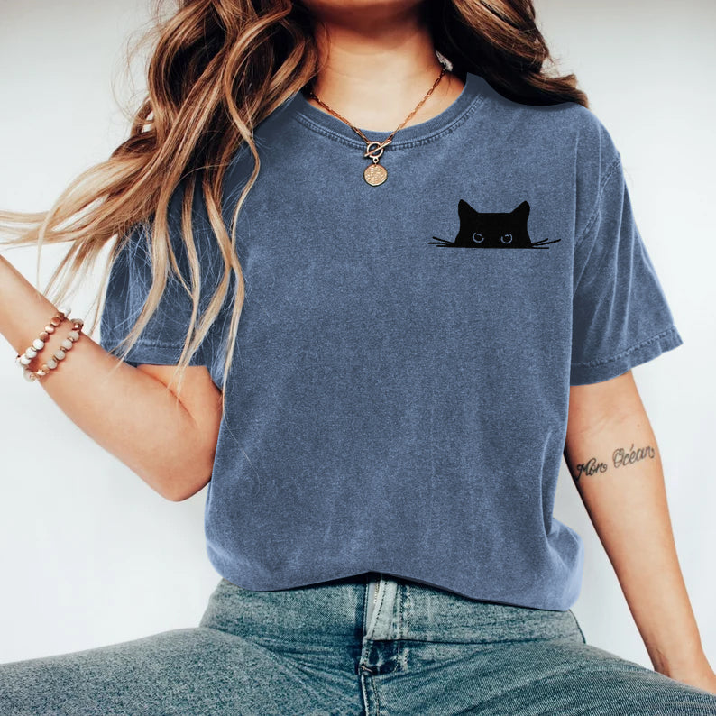 Abstract Creative Embroidered Black Cat Art Print  T-shirt elevenforest