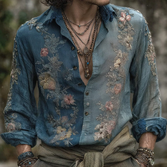 Men's Vintage Bohemian Floral Embroidered Linen Shirt artswardrobe