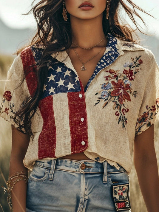 Comstylish Independence Day Flag Vintage Floral Print Women's Linen Short Sleeve Shirt