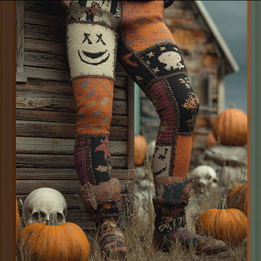 Halloween-themed Knitted Pants With Fun Pumpkin-colored Patchwork Design elevenforest