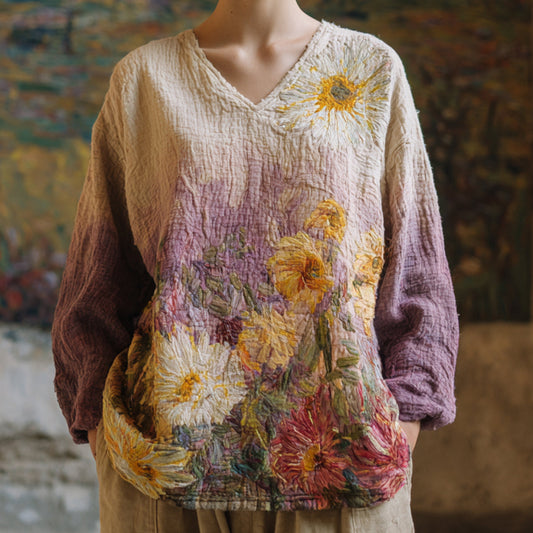 Women's Vintage Oil Painting Flower Embroidery V-neck Loose T-shirt