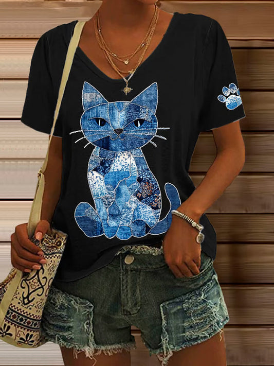 Women's Retro Animal Cat Print V-neck T-shirt elevenforest