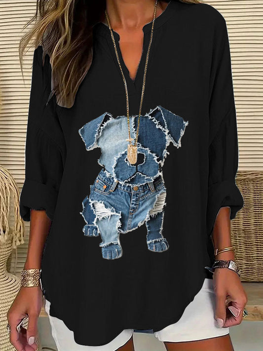 Comstylish Women's Casual Funny Denim Dog Print T-shirt