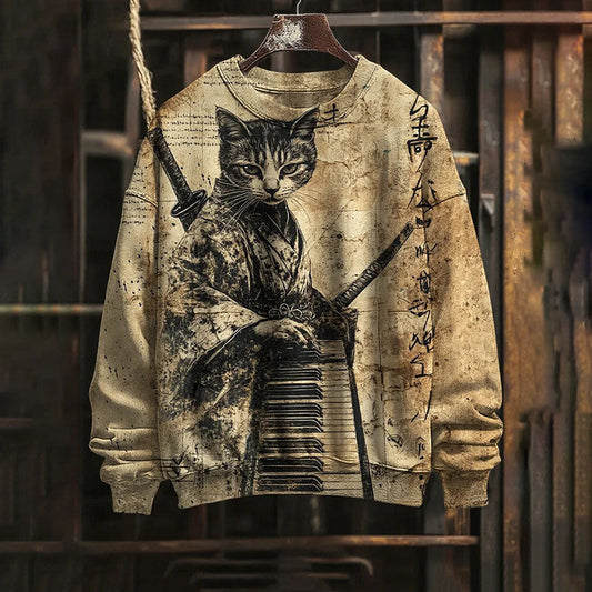 Men's Vintage Japanese Art Cat Print Crew Neck Long Sleeve Sweatshirt elevenforest