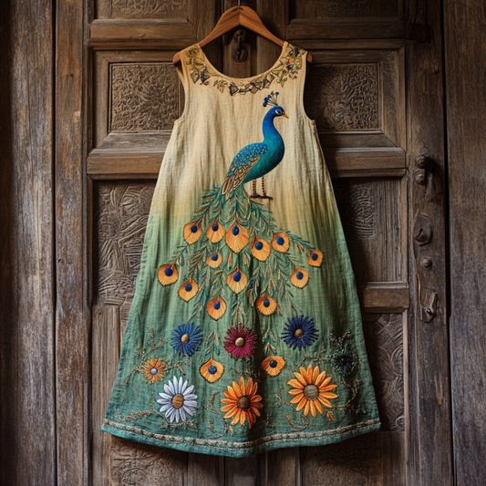 Comstylish Vintage Peacock And Floral Embroidery In Gradient Pattern Sleeveless Midi Dress