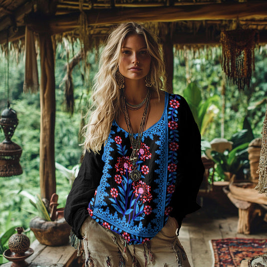 Vintage Ethnic Floral Linen Long Sleeve Shirt artswardrobe